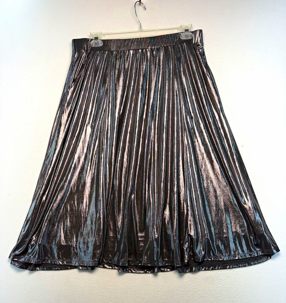 futuristic Metallic Pleated Pull On party Midi Skirt Lined Black/Silver torrid 2